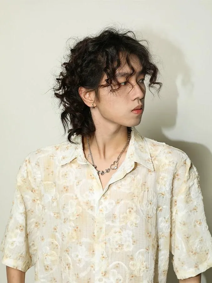 Textured Floral Print Oversized Short Sleeve Shirt