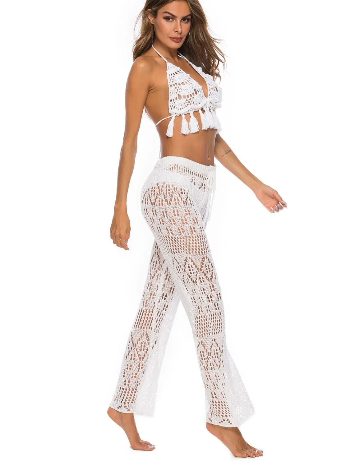 White Crochet Drawstring Swimsuit Cover Up Beach Resort Pants