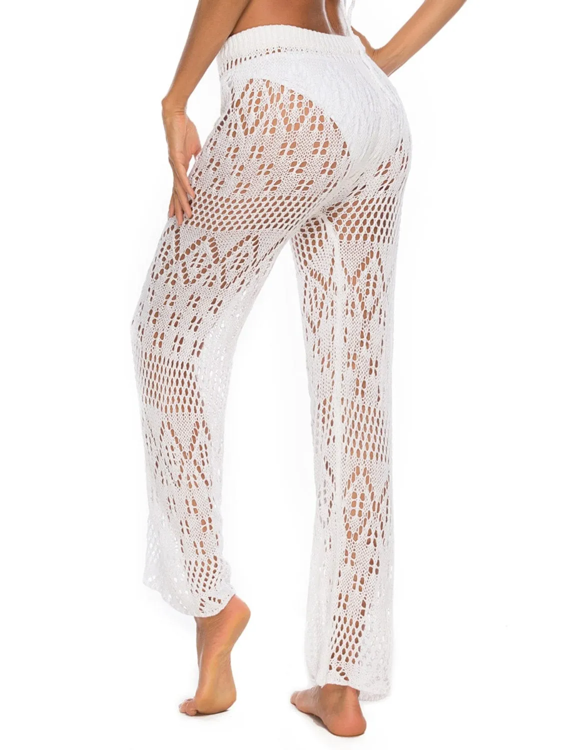 White Crochet Drawstring Swimsuit Cover Up Beach Resort Pants