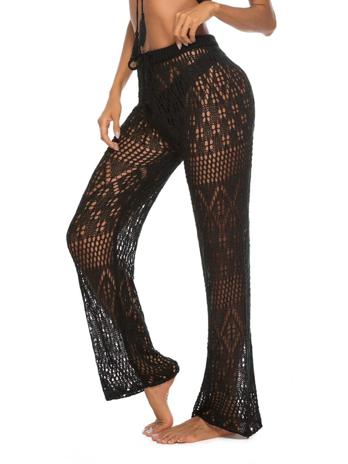 White Crochet Drawstring Swimsuit Cover Up Beach Resort Pants