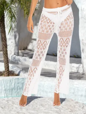 White Crochet Drawstring Swimsuit Cover Up Beach Resort Pants