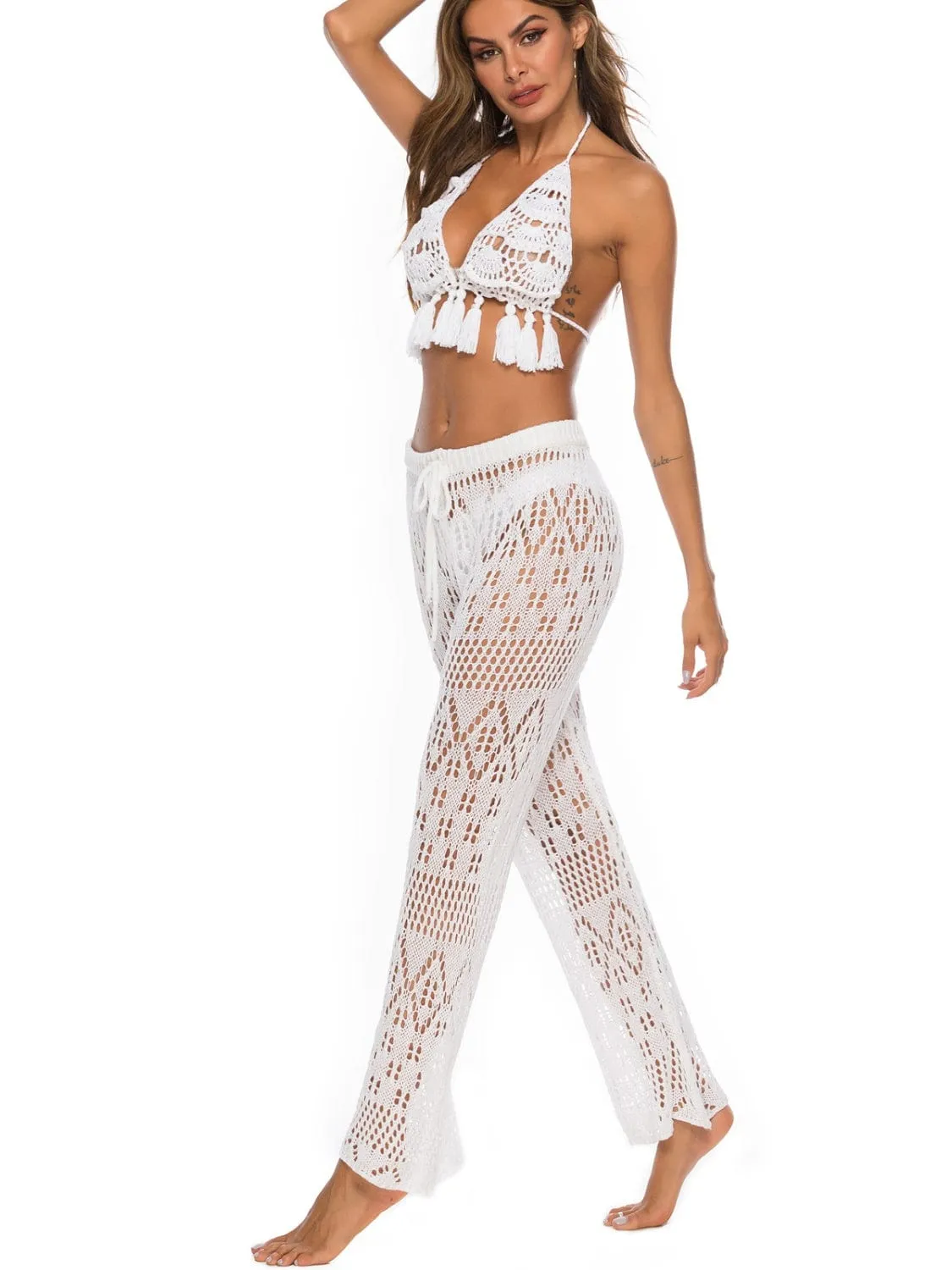 White Crochet Drawstring Swimsuit Cover Up Beach Resort Pants