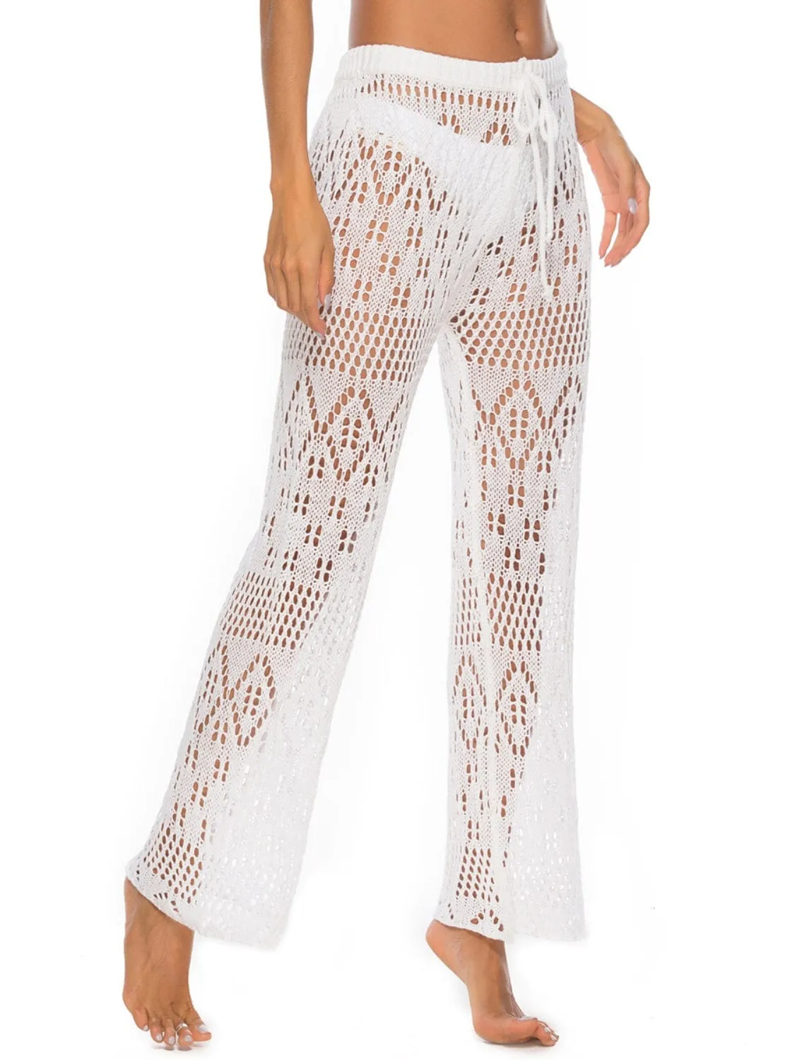 White Crochet Drawstring Swimsuit Cover Up Beach Resort Pants