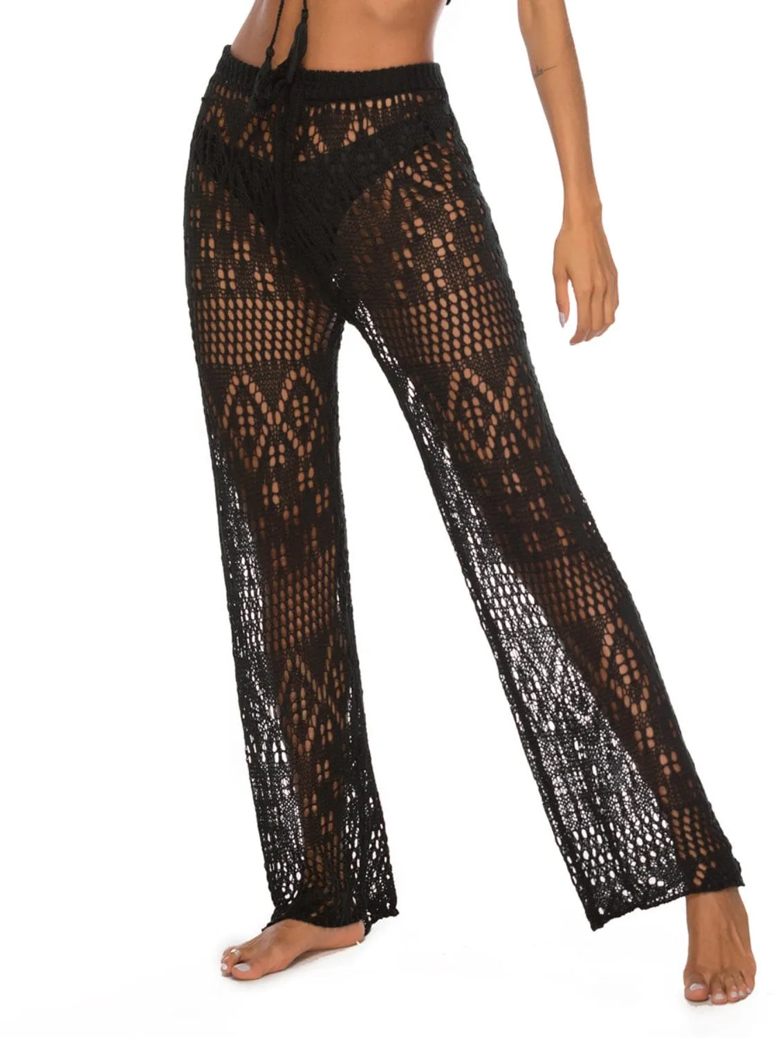 White Crochet Drawstring Swimsuit Cover Up Beach Resort Pants
