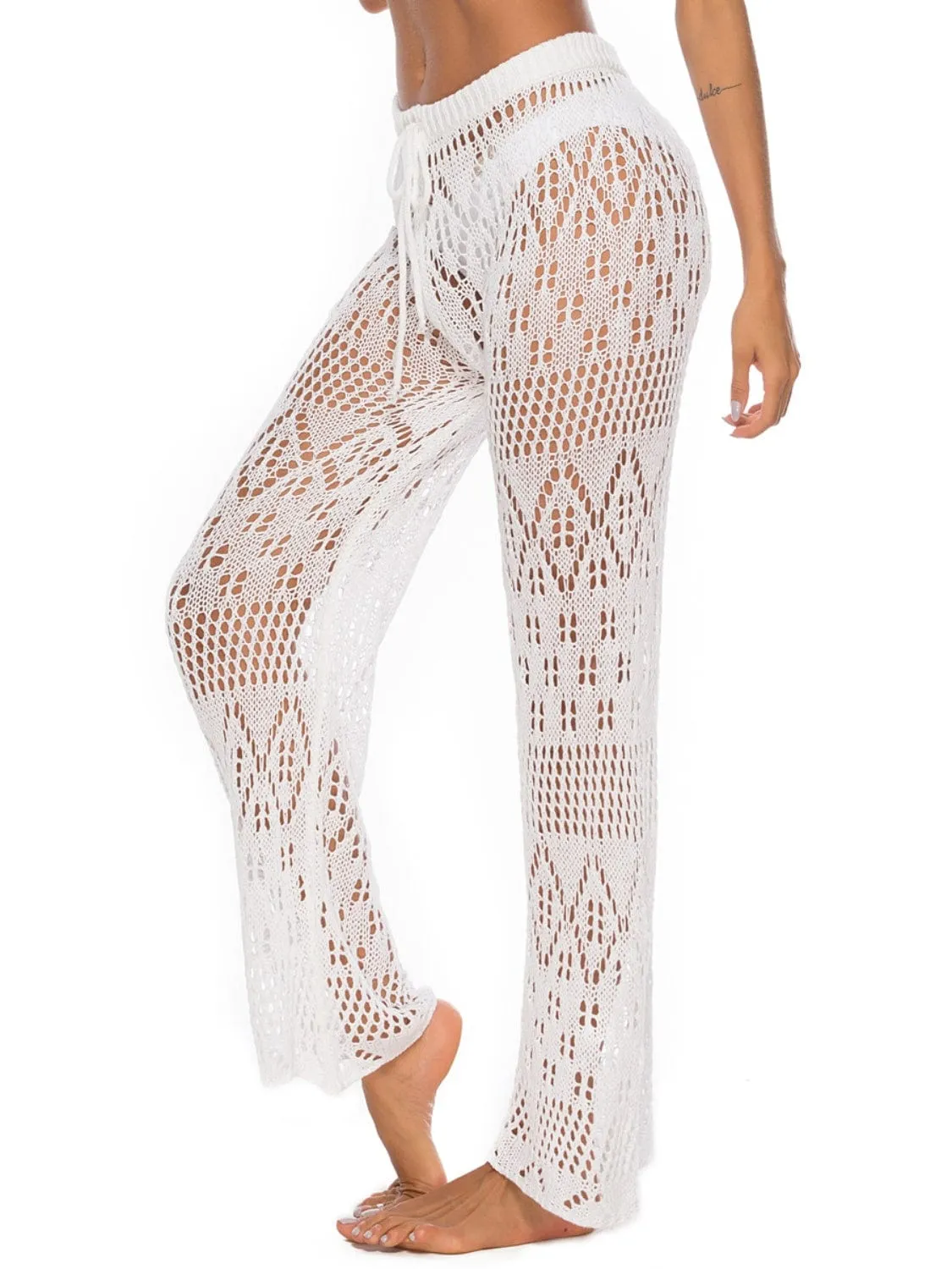 White Crochet Drawstring Swimsuit Cover Up Beach Resort Pants