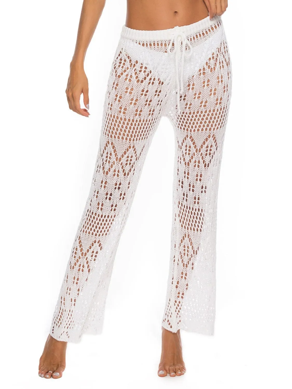White Crochet Drawstring Swimsuit Cover Up Beach Resort Pants