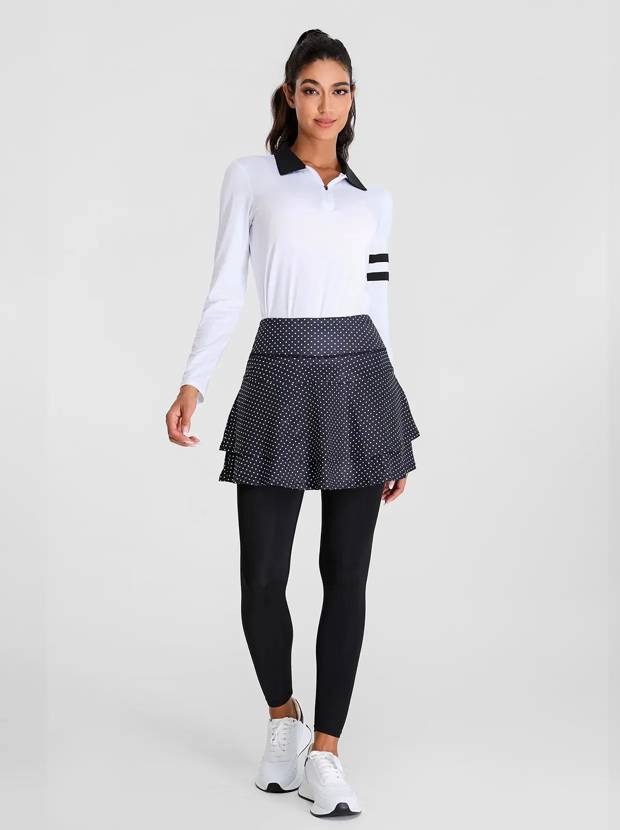 White Dot Pleated Athletic Skirted Leggings for Women