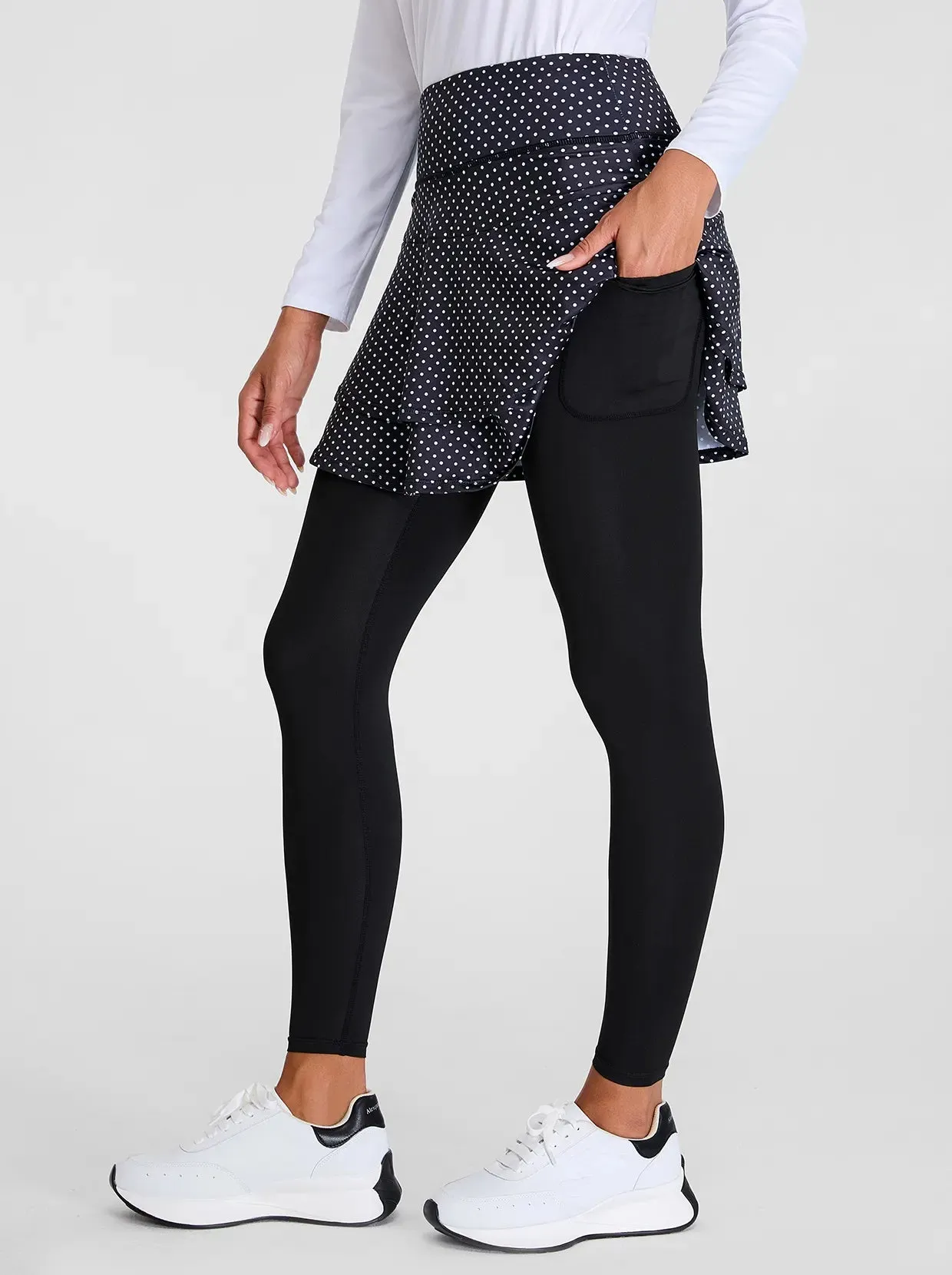 White Dot Pleated Athletic Skirted Leggings for Women