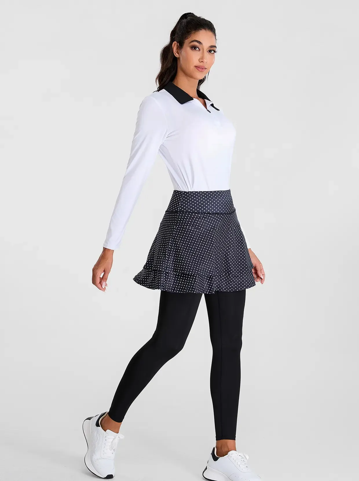 White Dot Pleated Athletic Skirted Leggings for Women