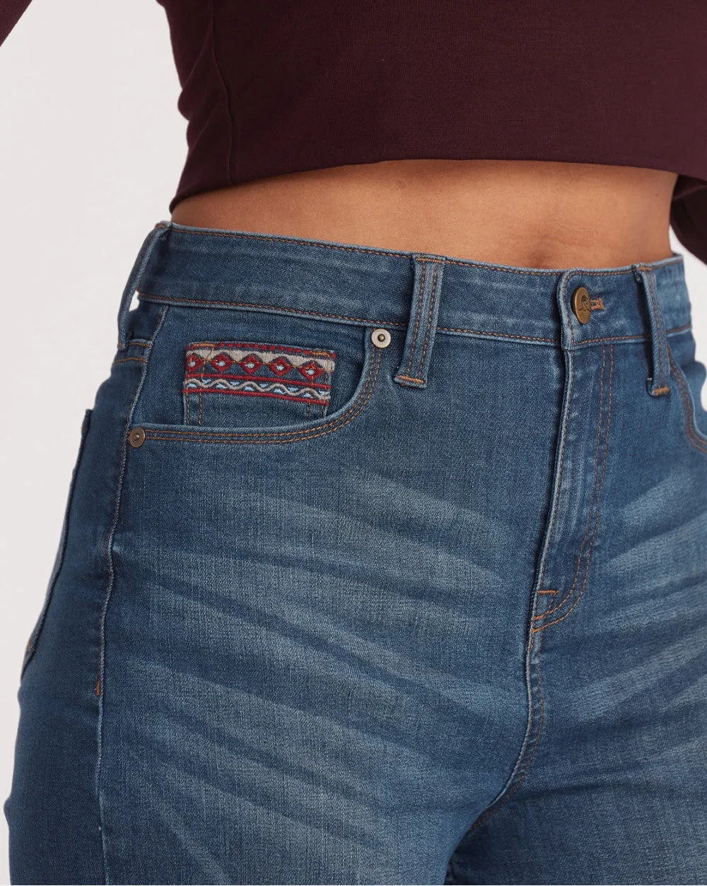 Wide Leg High Waist Boho Embroidered Jeans - Classic Blue