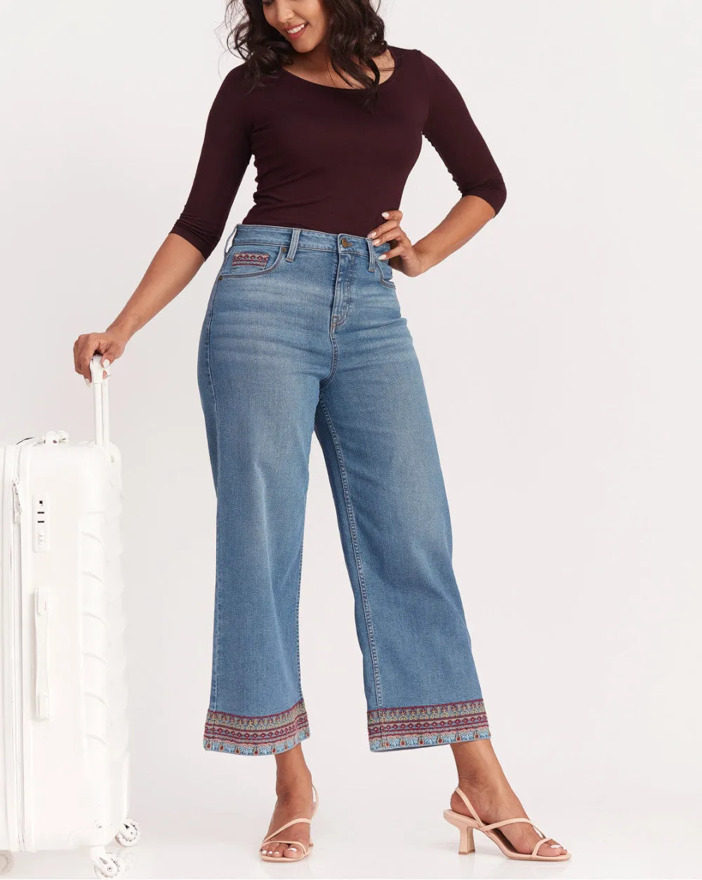 Wide Leg High Waist Boho Embroidered Jeans - Summer Blue