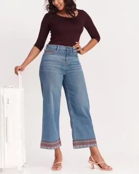 Wide Leg High Waist Boho Embroidered Jeans - Summer Blue