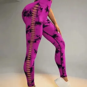 Women Tie Dye Hollow Out Leggings Sexy High Waist Yoga Pants