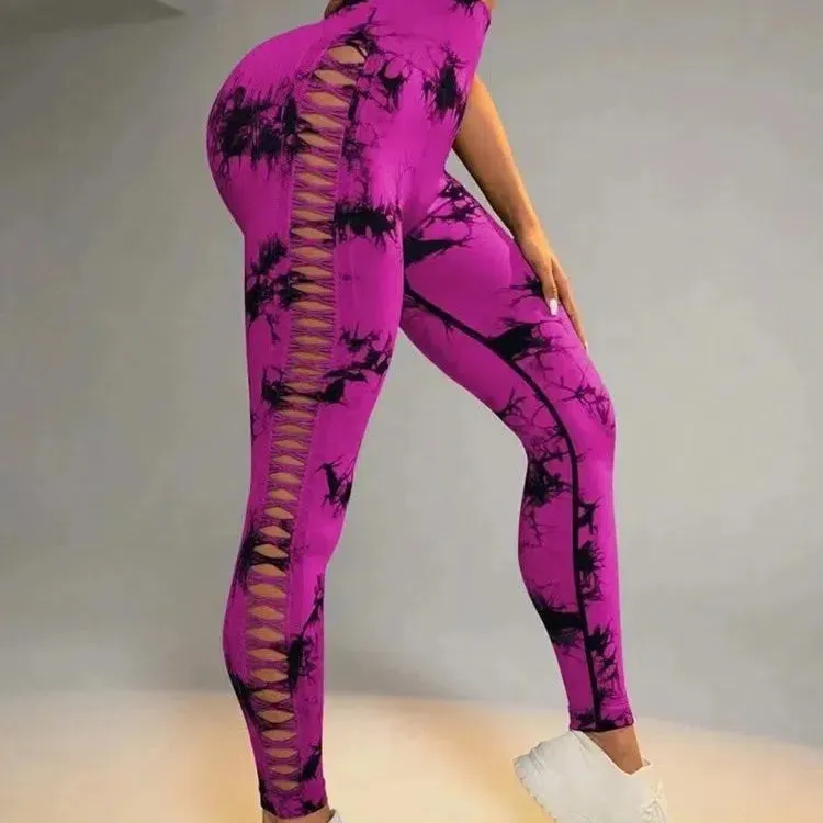 Women Tie Dye Hollow Out Leggings Sexy High Waist Yoga Pants
