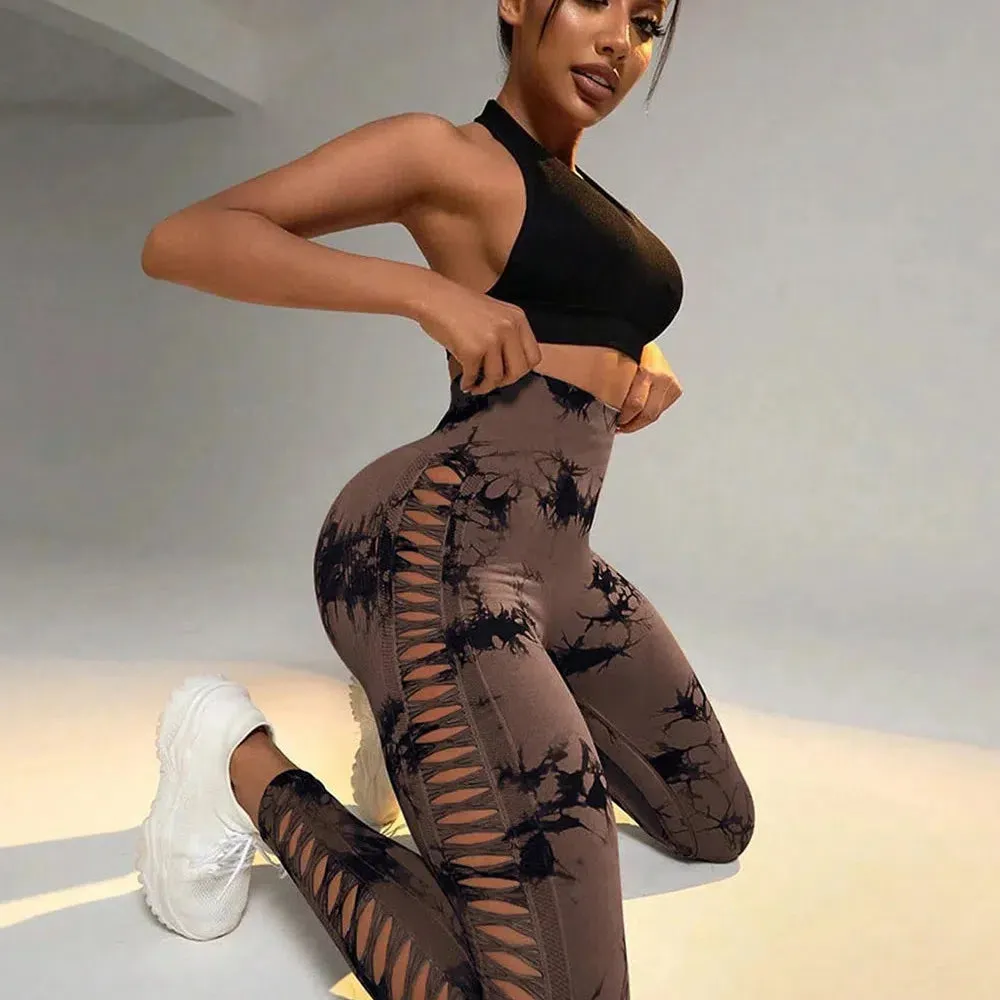 Women Tie Dye Hollow Out Leggings Sexy High Waist Yoga Pants