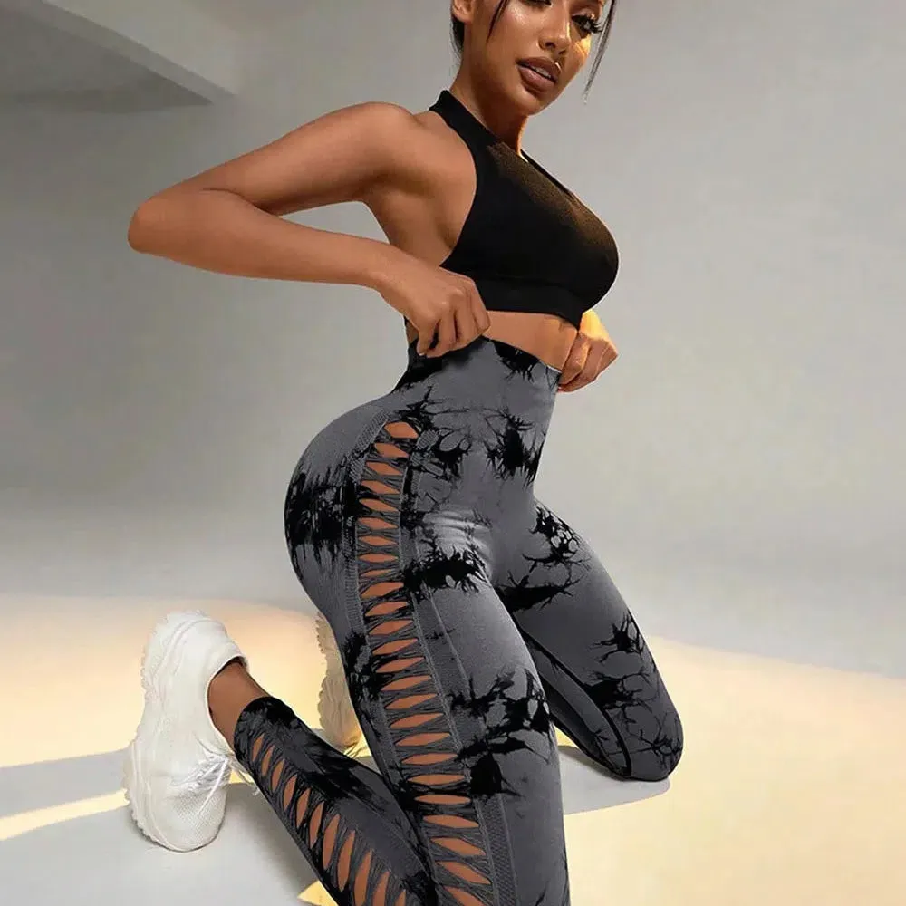 Women Tie Dye Hollow Out Leggings Sexy High Waist Yoga Pants