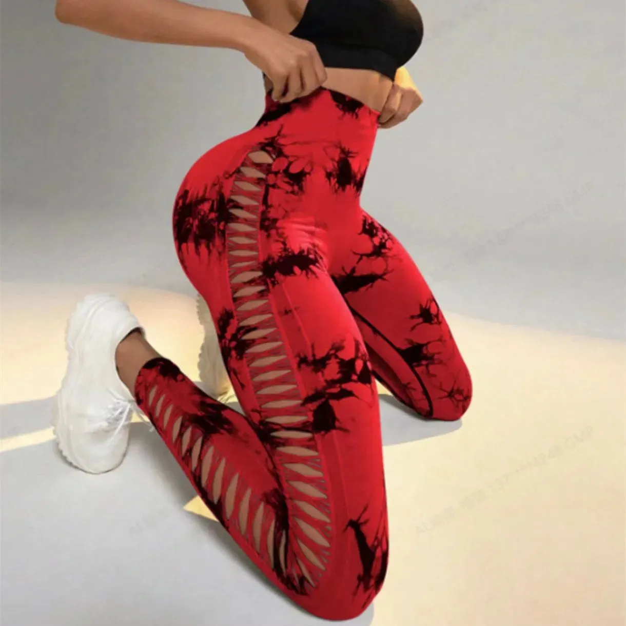 Women Tie Dye Hollow Out Leggings Sexy High Waist Yoga Pants