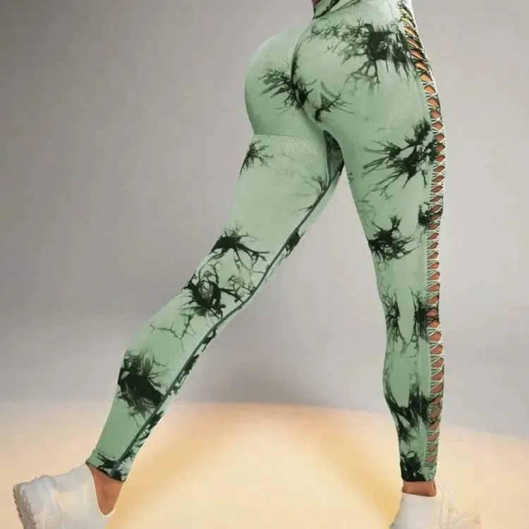 Women Tie Dye Hollow Out Leggings Sexy High Waist Yoga Pants