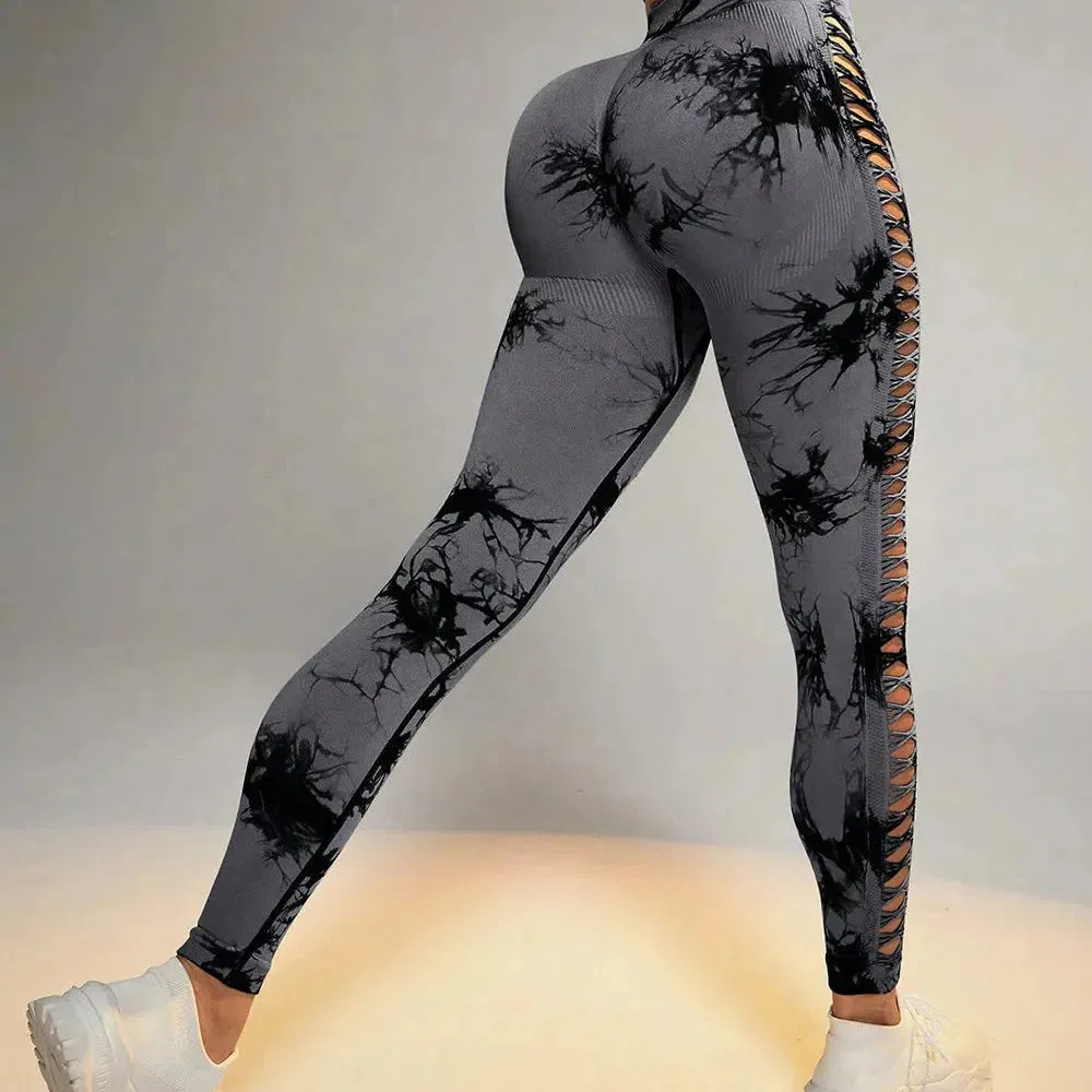 Women Tie Dye Hollow Out Leggings Sexy High Waist Yoga Pants