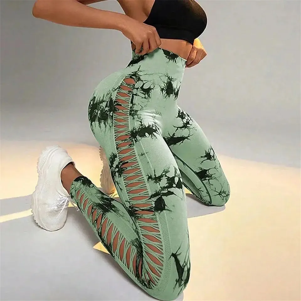 Women Tie Dye Hollow Out Leggings Sexy High Waist Yoga Pants