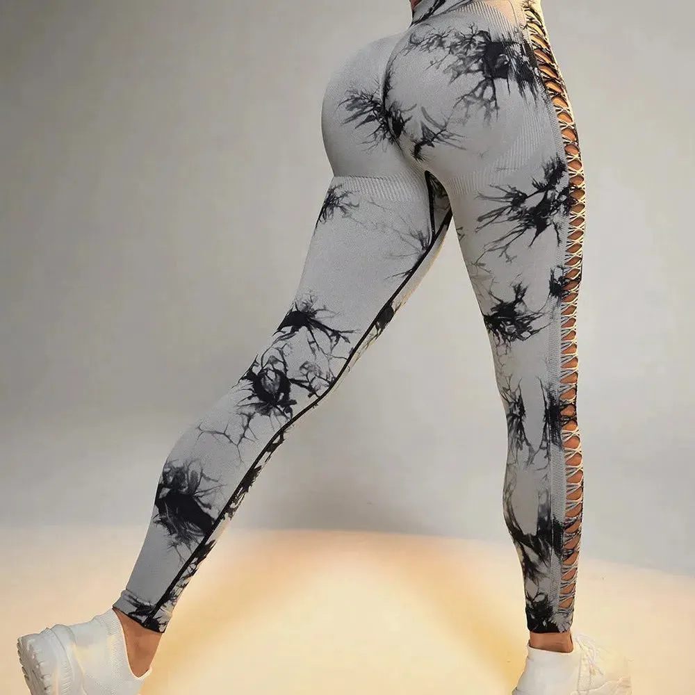 Women Tie Dye Hollow Out Leggings Sexy High Waist Yoga Pants