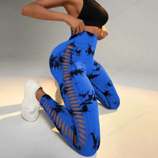 Women Tie Dye Hollow Out Leggings Sexy High Waist Yoga Pants