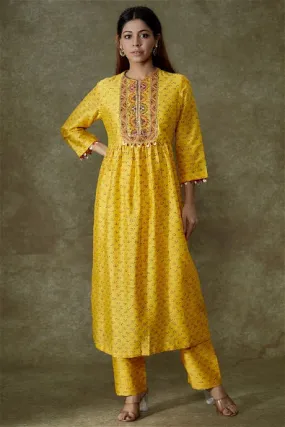 Yellow Chanderi Bandhani Printed Kurta Set