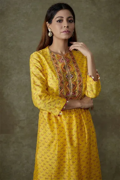 Yellow Chanderi Bandhani Printed Kurta Set